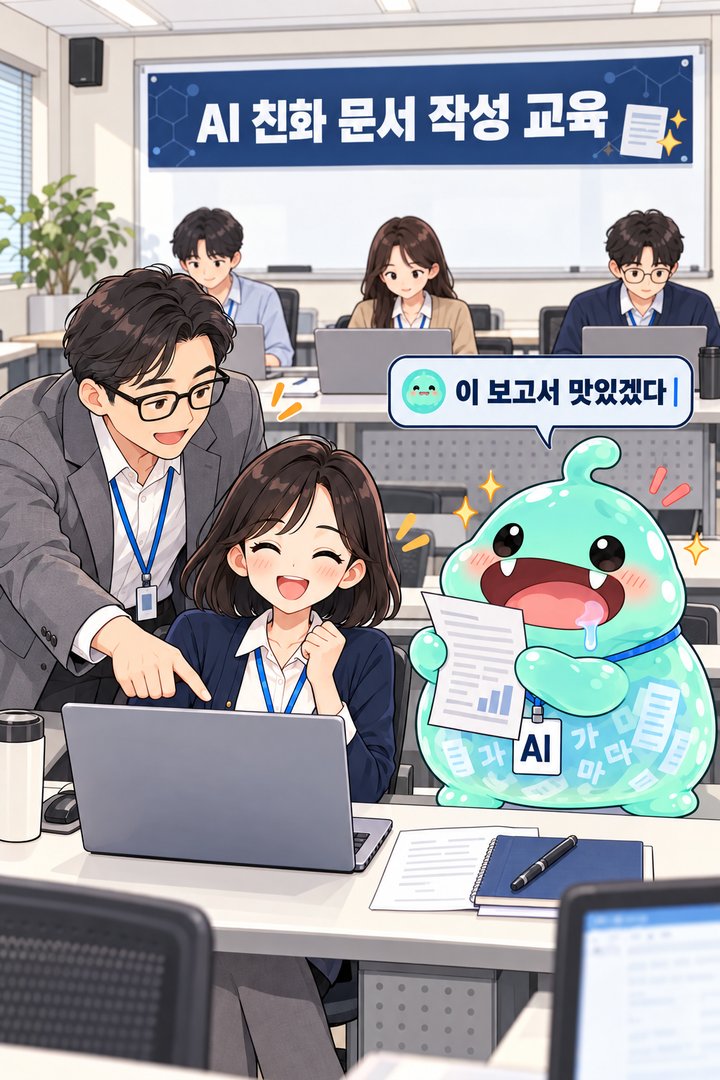 AI 친화 문서 작성 교육 실습 시간에 참가자가 자기 보고서를 고치고 강사가 첨삭하는 웹툰 장면