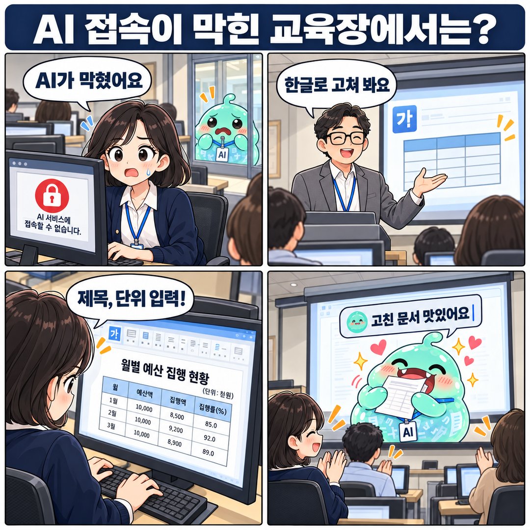 AI 접속이 막힌 교육장에서 한글로 문서를 고치고 강사 화면으로 AI 시연을 보는 4컷 웹툰