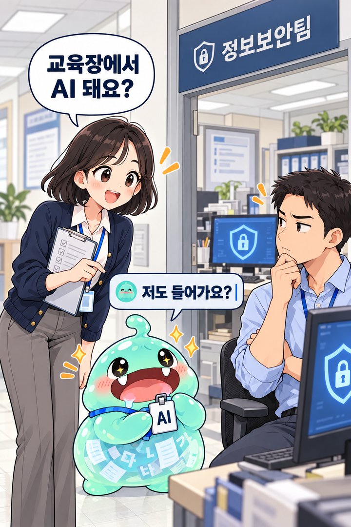 교육 담당자가 정보보안팀에 교육장 AI 사용 가능 여부를 확인하는 웹툰 장면