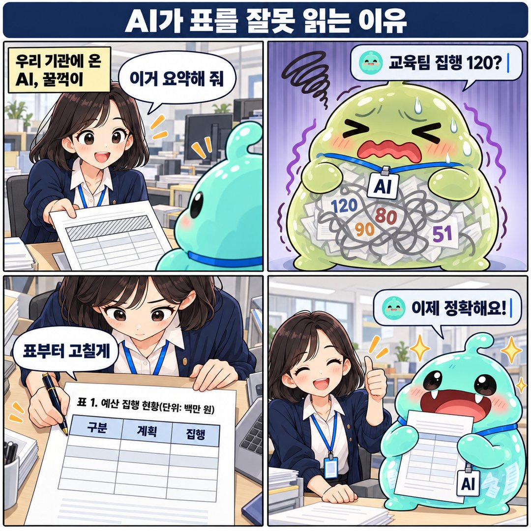 AI가 셀 병합된 표를 잘못 요약하고, 표 제목과 단위를 고치자 정확히 읽는 4컷 웹툰