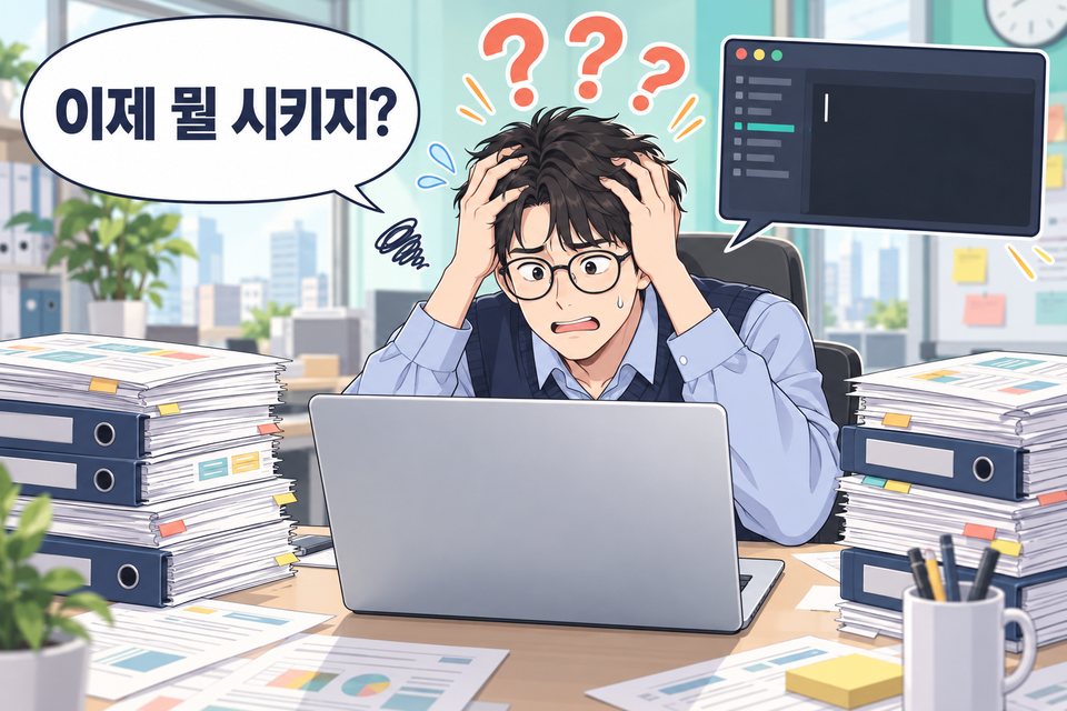 노트북 앞에서 머리를 감싸 쥔 직장인과 쌓인 서류. 말풍선에 이제 뭘 시키지?