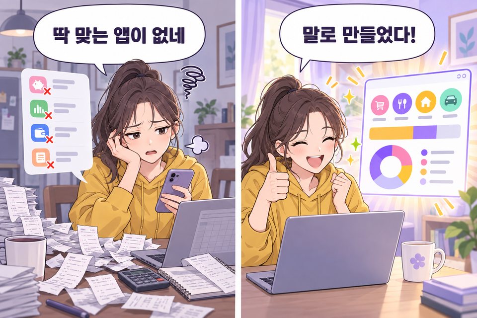 2컷 만화. 맞는 앱을 못 찾아 한숨 쉬던 사람이 노트북에 말로 가계부 앱을 만들고 웃는다