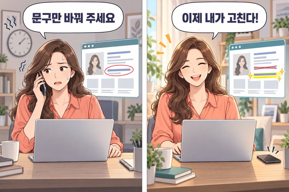 2컷 만화. 업체에 전화로 문구 수정을 부탁하던 강사가 직접 홈페이지 문구를 고치고 뿌듯해한다