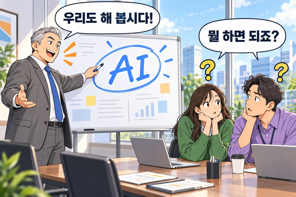 화이트보드의 AI를 가리키는 대표와 머리 위에 물음표를 띄운 직원 두 명