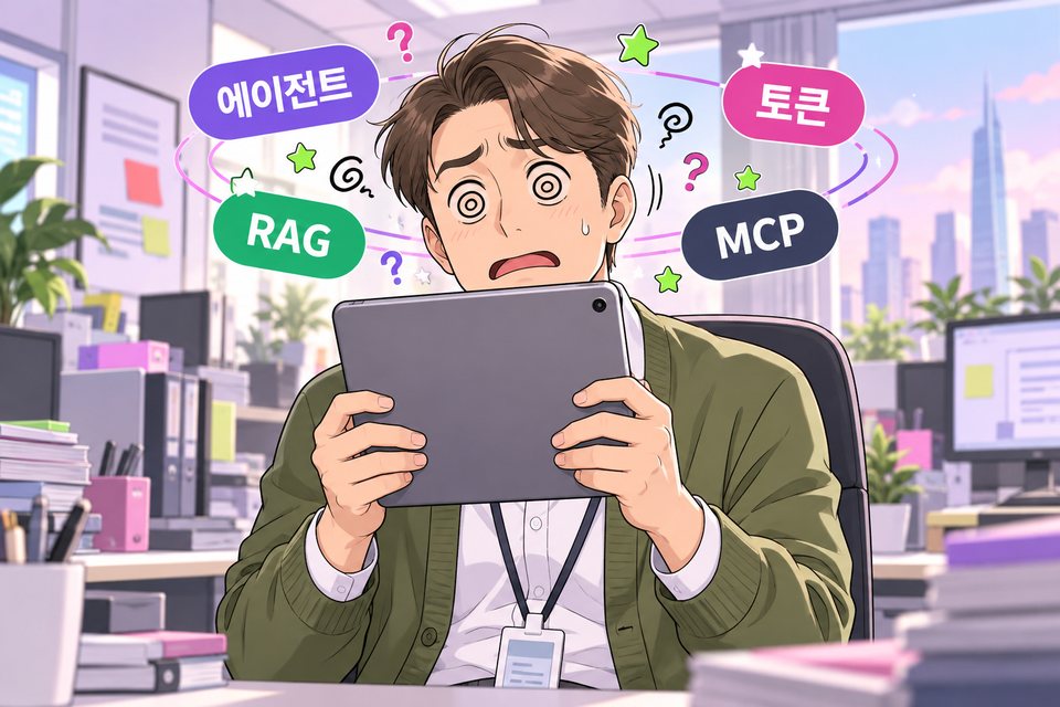에이전트, 토큰, RAG, MCP 단어 태그가 머리 주위를 돌아 어지러워하는 직장인